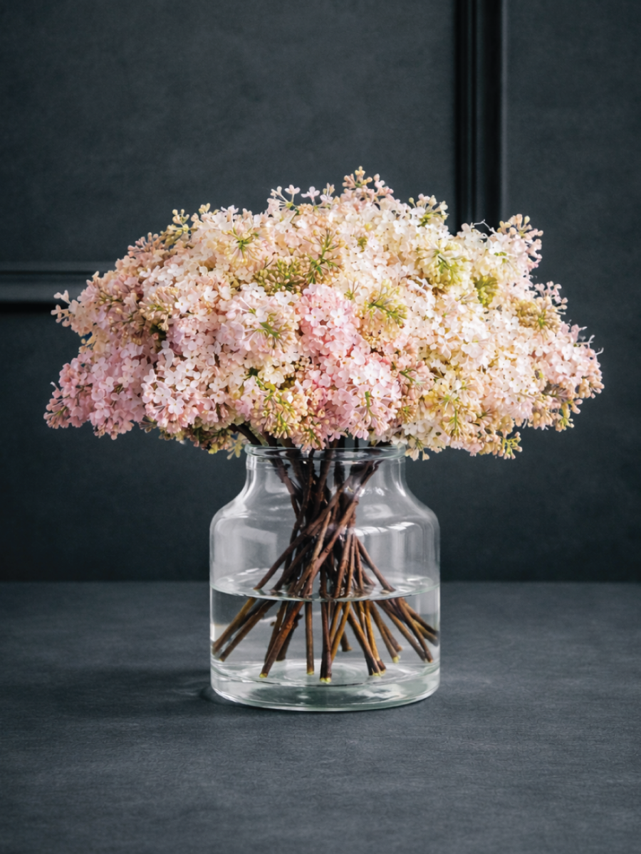 Itin kvepiančių, švelniai rožinių skintų alyvų gėlių puokštė