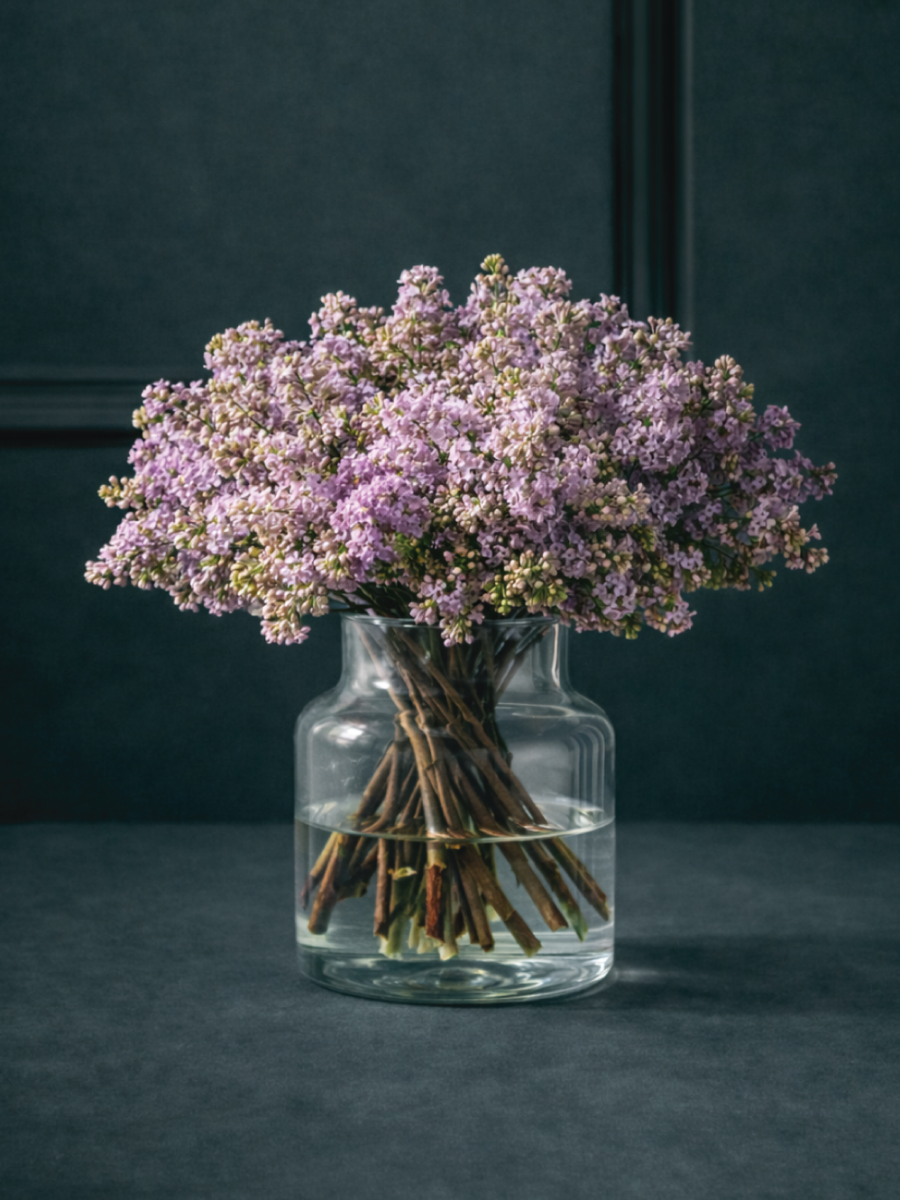 Itin kvepiančių, purpurinių skintų alyvų gėlių puokštė