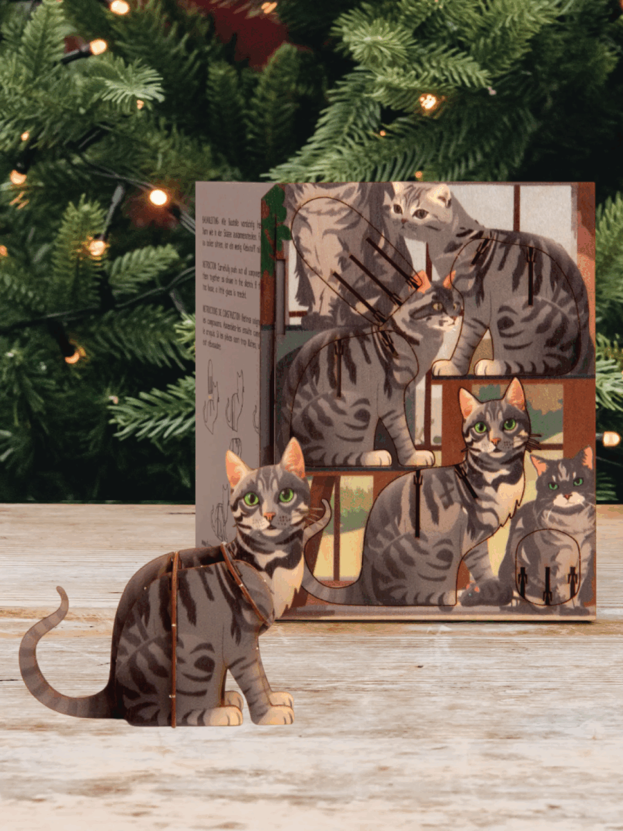 Rankų darbo 3D medinis atvirukas–sudėliojama dekoracija „Katinas”