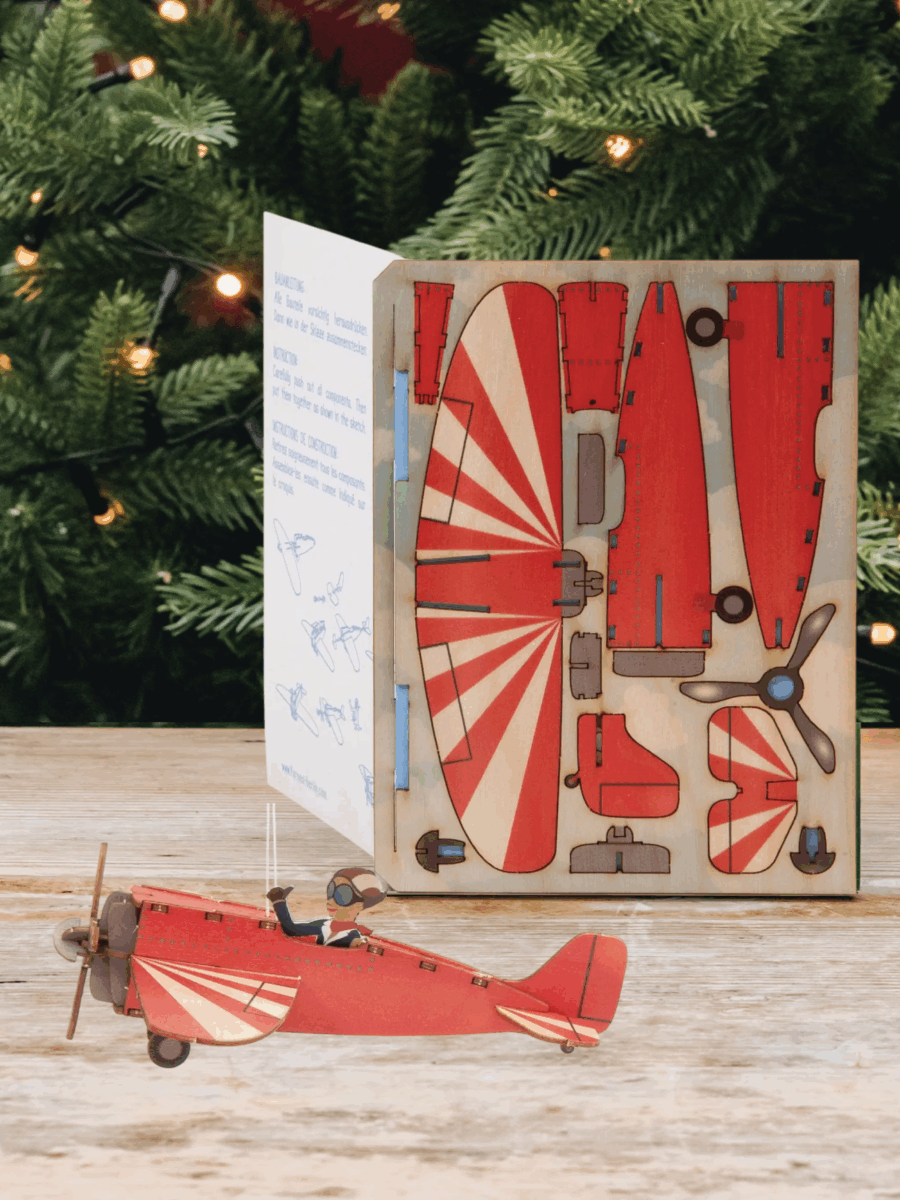 Rankų darbo 3D medinis atvirukas–sudėliojama dekoracija „Lėktuvėlis”