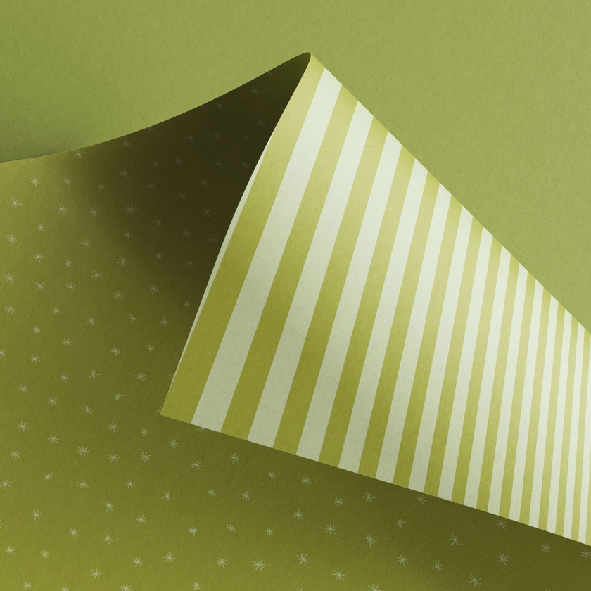 Dvipusis dovanų pakavimo popierius lapais „Žalios žvaigždės ir juostelės“