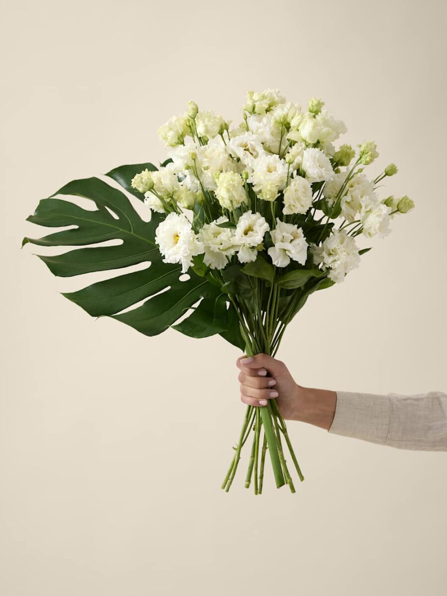 Baltų eustomų gėlių puokštė