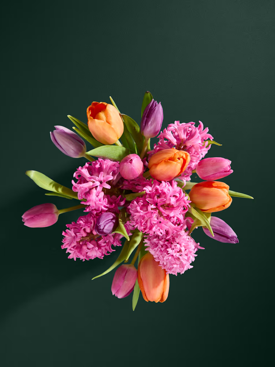 Rožinių hiacintų ir įvairiaspalvių tulpių gėlių puokštė