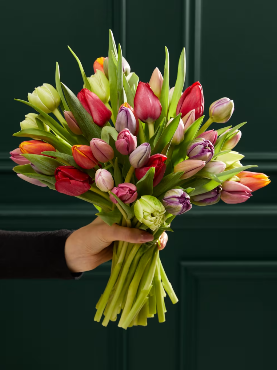 Pilnavidurių ir paprastų tulpių gėlių puokštė