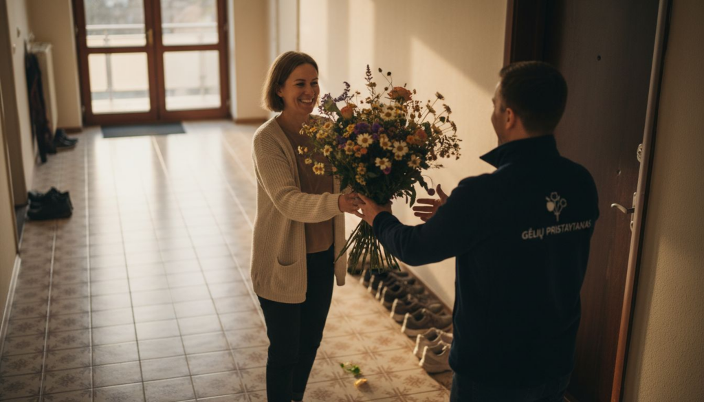 Moters namų duris praveria linksmas kurjeris, įteikdamas puokštę gėlių.