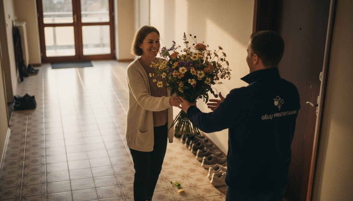 Moters namų duris praveria linksmas kurjeris, įteikdamas puokštę gėlių.