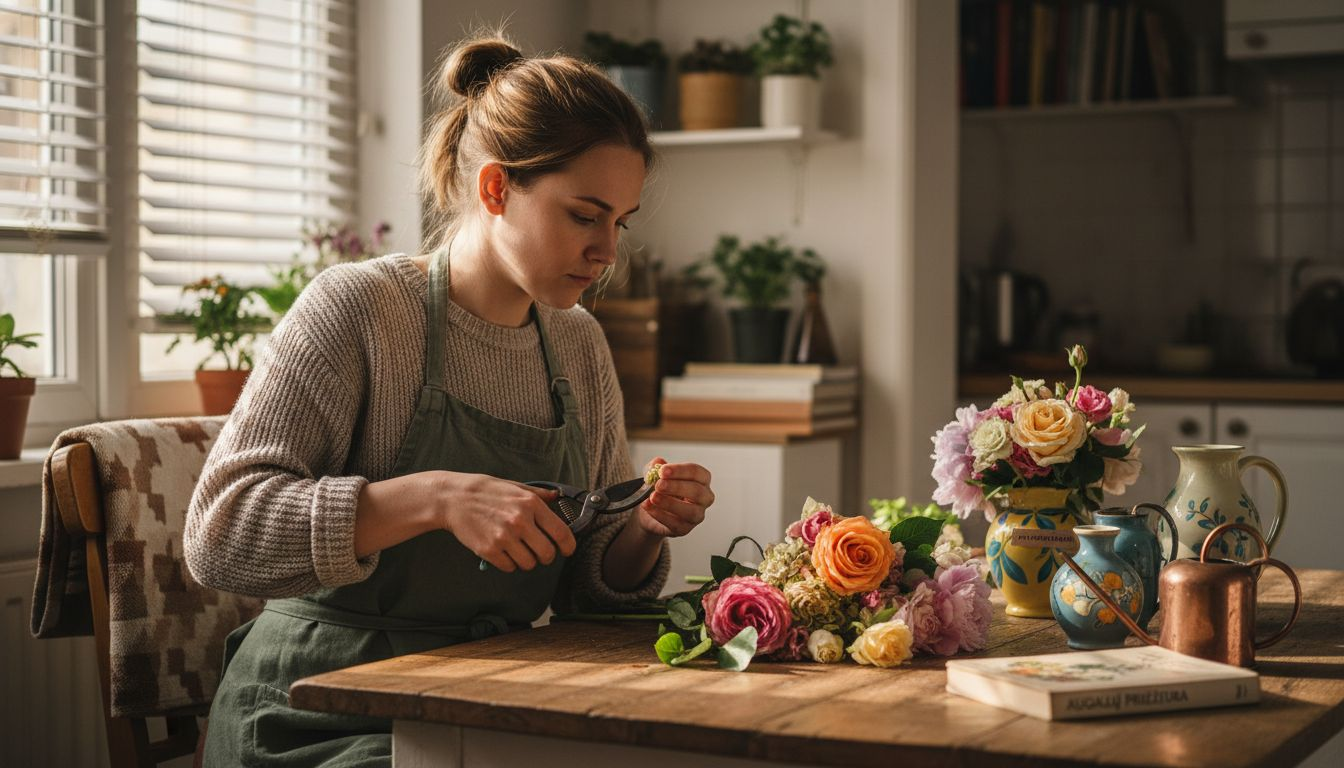 Moteris prie virtuvės stalo rūpestingai tvarko gėlių puokštę.