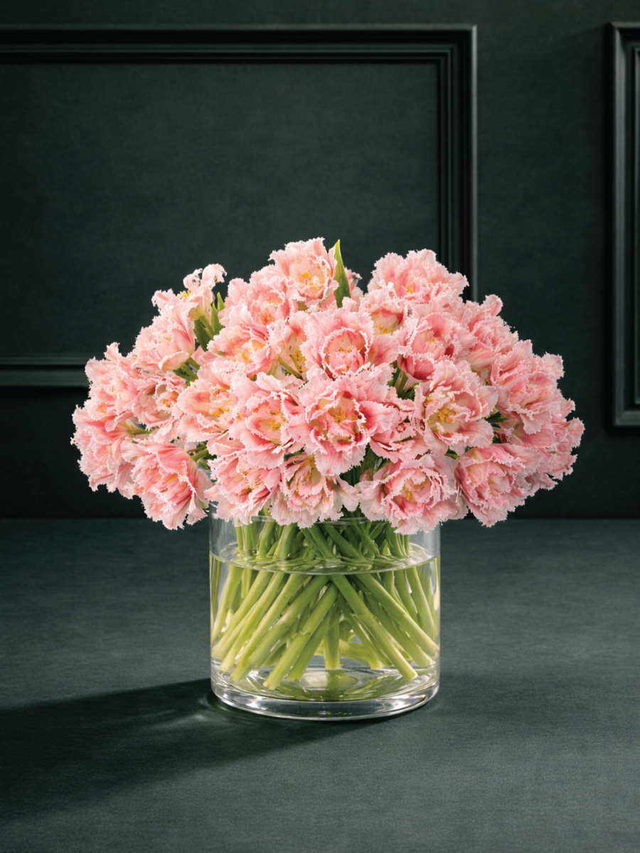 Karpytų, rožinių tulpių gėlių puokštė